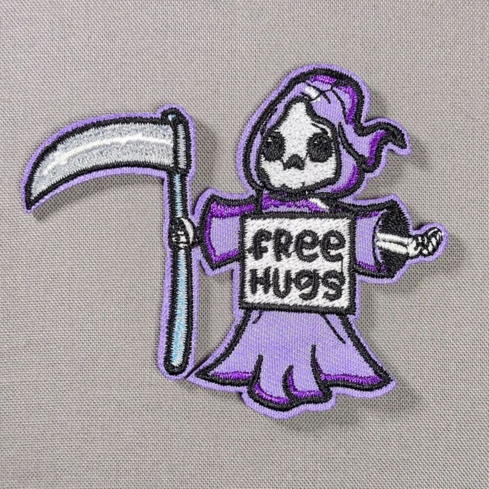 Grim Reaper Free Hugs Funny Iron On Patch | Halloween Patch